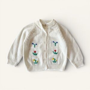 VINTAGE MARSHALL FIELD’S EUC Ivory Embroidered Floral Knit Cardigan Sweater